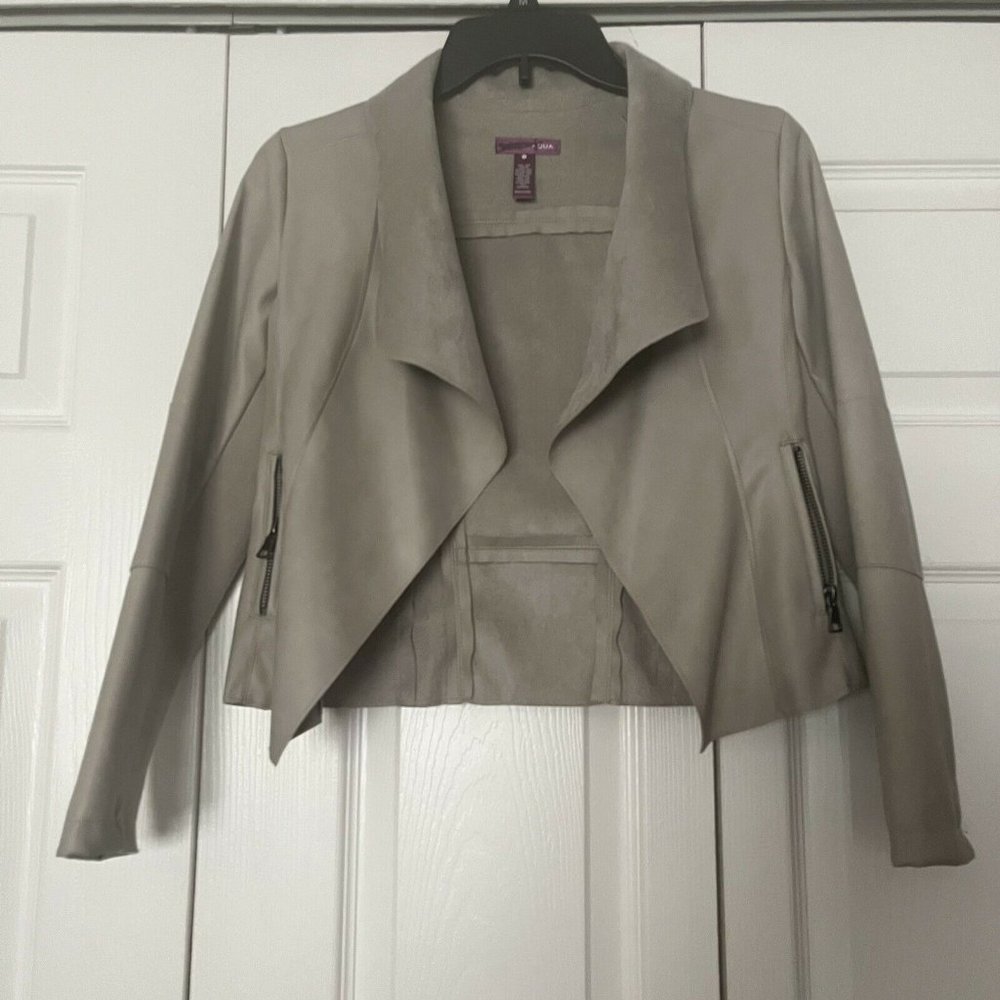 Women's Aqua Light Tan Faux Leather Short Jacket Ribbed Combo Sleeves Size M